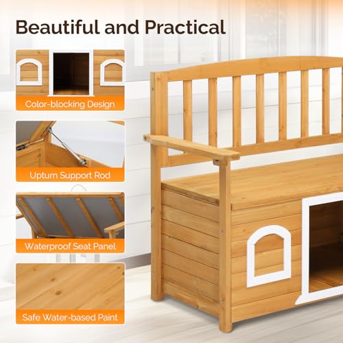 Image of VINGLI Outdoor Storage Bench with Built-in Dog House, 2-in-1 Outdoor Waterproof Patio Bench with Pet Kennel for Patio Backyard Porch (Natural)