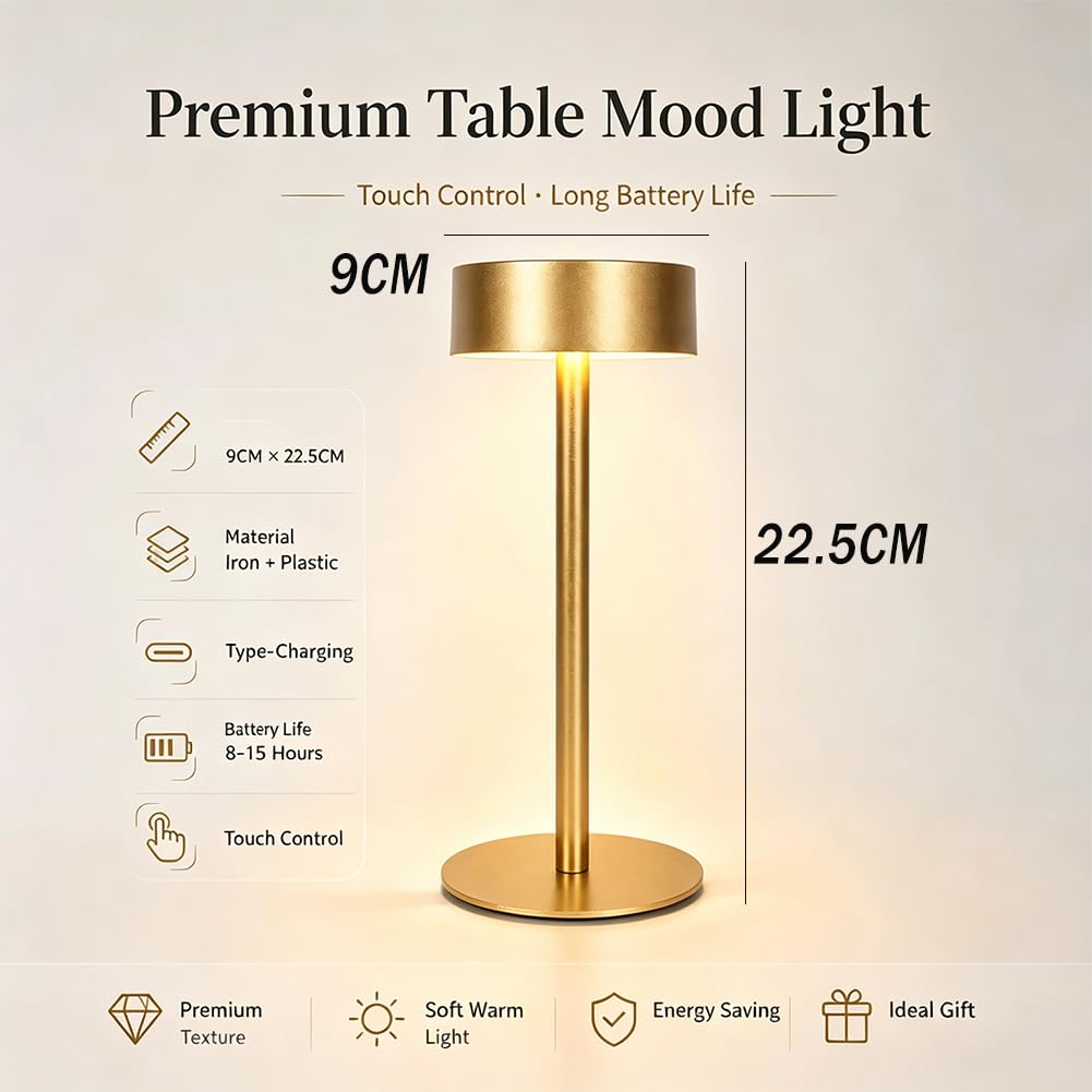 LED Tischlampe Kabellose Akku Dimmbar Tischleuchte 3000K Warmes Licht USB Aufladbar Batteriebetrieben Nachttischlampe Touch Schalter 3 Helligkeitsstufen für Esszimmer Terrasse Schreibtisch