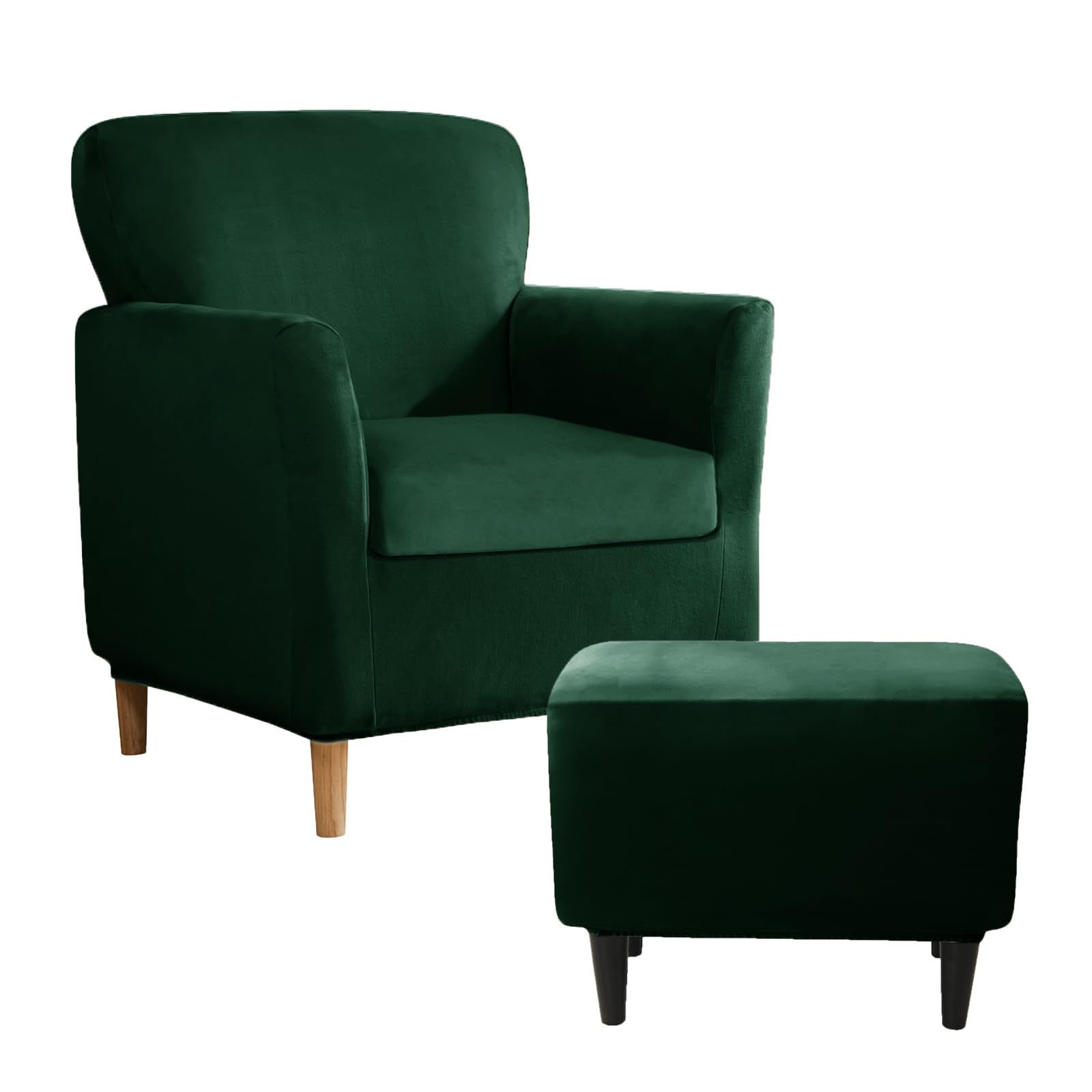 UNBBRRL Armchair and Ottoman Covers Set, Matching Accent Chair and Ottoman Slipcovers Rectangle Stretch Velvet Non-Slip for Living Room (Dark Green,
