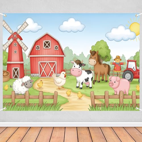 Celchvens Farm Animal Birthday Backdrop 7x5ft Red Barnyard Theme Party Banner with Cow Pig Horse Chicken Sign for Boys Girls Baby Shower Farm Animal Birthday Decorations Photo Booth Background