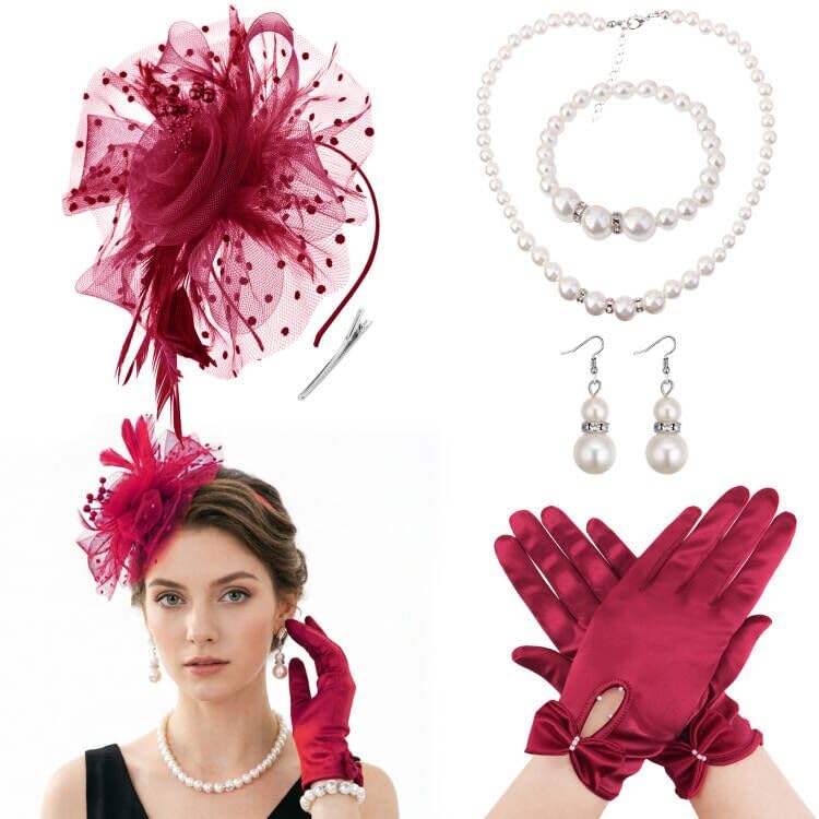 Image of DRESHOW 1920s Vintage Fascinators Hat for Women Veil Mesh Tea Party Derby Hat Bow Satin Gloves Pearl Jewelry Set for Cocktail