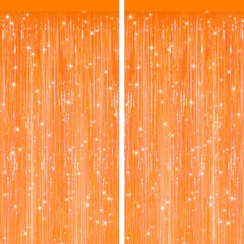 2 Pack Orange Metallic Tinsel Foil Fringe Curtains Door Streamers Photo Booth Backdrop for Birthday Party Tinsel Curtain Backdrop for Baby Shower Bachelorette Christmas Party Decorations