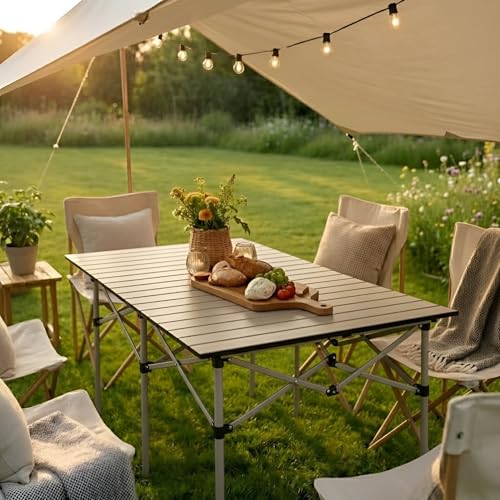 Image of Kraptick Portable Metal Folding Camping Table with Roll-Up Tabletop Lightweight Outdoor Long Table with Carry Bag Compact & Durable Folding Table for Camping, Picnic, Beach & Travel Use (Beige)