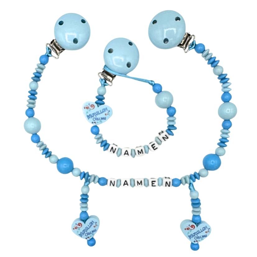Set Nuckelkette + Kinderwagenkette mit Namen " M;ASALLAH OGLUMA " Babyblau Skyblau/Baby/Unisex/Personalisiert/HANDMADE