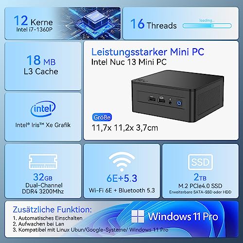 Intel NUC 13 Pro Mini PC Core i7-1360P|12 Kerne 16 Threads NUC13ANHi7 Mini Desktop Computer|32GB RAM 2TB SSD|Windows 11 Pro Desktop Computer|4K/8K UHD|HDMI|2xThunderbolt 4|WiFi 6E|BT5.3, Schwarz – Bild 3