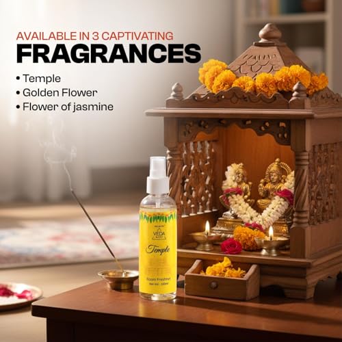 Image of Welburn Veda&Co Room Freshener | Long Lasting Spiritual Aroma Spray for Home, Office & Puja Room | Divine Puja Room & Home Fragrance (Temple, Golden Flower, Jasmine - 100 ml Each)