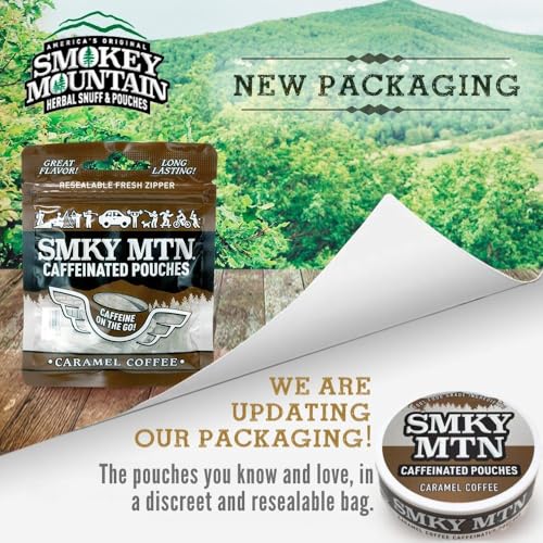 Image of SMOKEY MOUNTAIN Caffeinated Pouches - Caramel Coffee - Tobacco Free and Nicotine Free - 15 Pouches Per Pack - 5 Packs