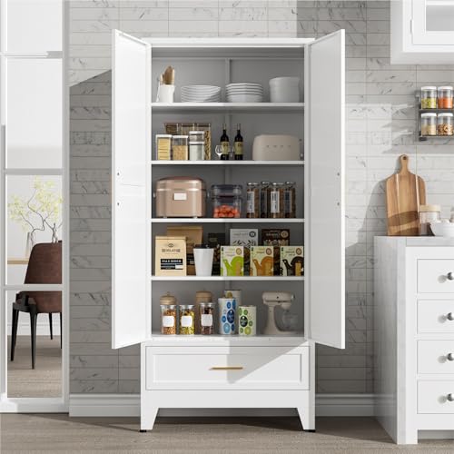 Image of LCAOPC 71 inch Tall Metal Pantry Storage Cabinet with Drawer and Adjustable Shelves, Freestanding Kitchen Cupboard Storage Cabinet for Kitchen,Dining Room, Living Room, White