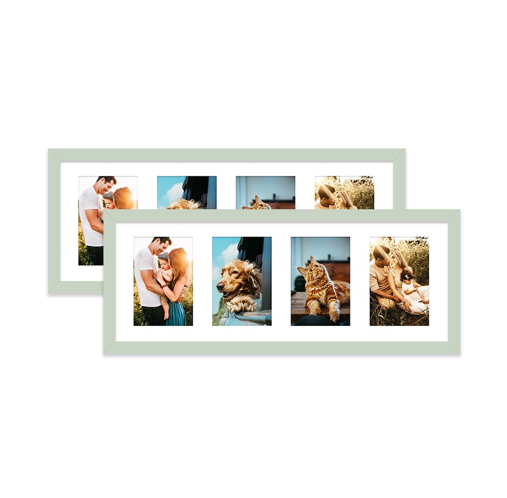 Mint Green Multi Photo Frame - Holds 4 x 6x4 Pictures, Family Collage Picture Frame for Wall Display, 8x22 Panoramic Frame Size, Set of 2