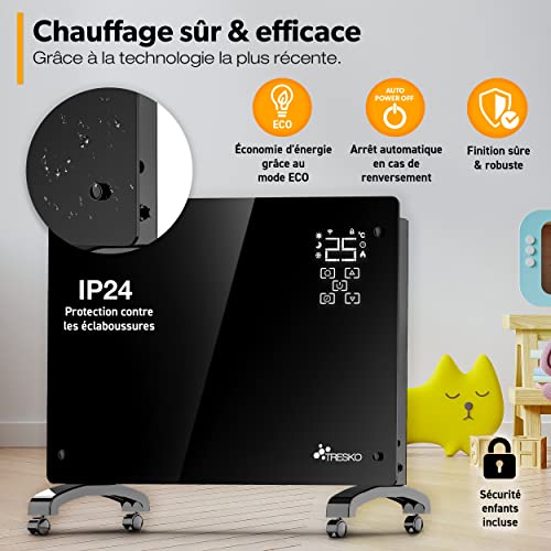 tresko® radiateur electrique mobile avec app & wifi | chauffage electrique mural intelligent | convecteur | radiateurs electriques chauffage au sol ou mural (noir / 1500 w)