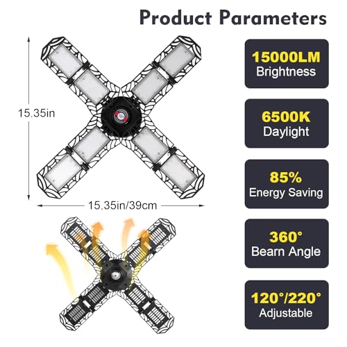 Pinsai 150W Led Garage Light,Super Bright Screw In E26/E27 Ceiling Shop Work Lamp, 200W 20000 Lumen Deformable Basement Bulb Fixture With 8 Adjustable Panels, Lighting For Workshop, Attic thumb #2
