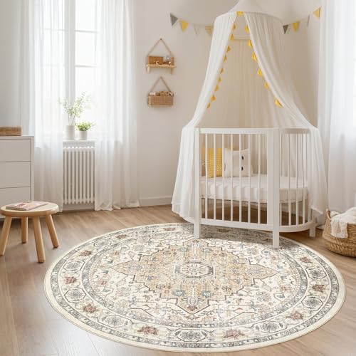 Round Rug Living Room Rugs: 6Ft Washable Boho Neutral Large Circle Soft Indoor Floral Stain Resistant Floor Farmhouse Carpet for Bedroom Nursery Kids Playroom Office Dining Room Dorm Home- Cream Blue