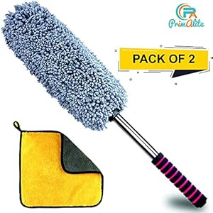 PrimAlite Car Cleaning Duster, Ultra Soft Microfiber Brush with Microfiber Cleaning Cloth 800 GSM (30 x 30 cm) - Interior Exterior Smooth Cleaner for Car Bike Office Home Kitchen Use, Lint Free- Grey