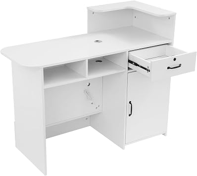 Reception Desk Cash Register Stand, Warm White MDF Modern Front Counter, 47x19.7x39in, Secure Drawer, Cabinet Storage, LED Lighting, USB Ports, Entry Table, for Office Store Salon