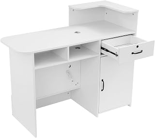 Reception Desk Cash Register Stand, Warm White MDF Modern Front Counter, 47x19.7x39in, Secure Drawer, Cabinet Storage, LED Lighting, USB Ports, Entry Table, for Office Store Salon