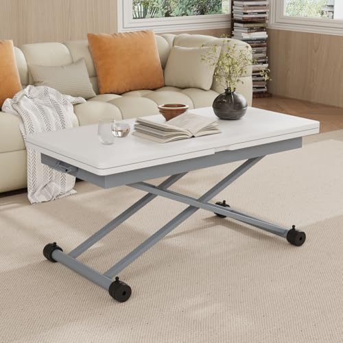 VOWNER Mesa de Centro Extensible y Altura Ajustable, Mesa Extensible, Multifuncional 3 en 1 con Giratoria, para la Cocina, Comedor, Estudio, salón (Blanco con Veta de Madera