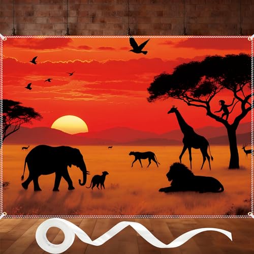 8×6ft African Safari Backdrop Safari Party Decoratins African Wild Animals Silhouette Photography Backdrop Tropical Forest Sunset Jungle Scenery Background Photo Booth with 32.8Ft Ribbon