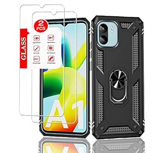 for Xiaomi Redmi A1 Case with [2 Pack] Tempered Glass Screen Protector, Redmi A1 / A2 Case Heavy Duty Armor [Military-Grade] Protective，with Magnetic Ring Stand Phone Cover (Black)