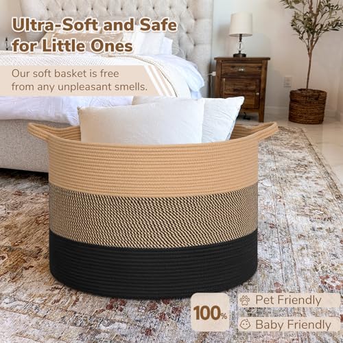 Image of INDRESSME 115L Extra Large Blanket Basket for Apartment Decor, Woven Baby Laundry Hamper Shoe Basekts for Entryway, Wicker Storage Basket for Organizing, Camel Mix & Black