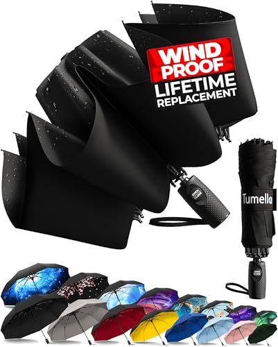 TUMELLA Inverted Windproof Umbrella, Large, Strong, Light, Portable, Automatic Reverse Folding Rain Umbrella, Durable Premium Grip, Fits Car & Backpack