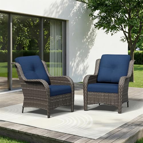 Image of Patio Chairs Set of 2, Outdoor Wicker Patio Furniture Set with Thickened Olefin Cushions, High Back and Deep Seating, Wide Curved Armrest Hand-Woven PE Rattan for Porch, Deck, Blue
