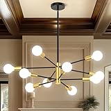 Phaosio Sputnik Chandelier 10-Light, Mid Century Modern Height Adjustable Ceiling Light Fixture for Dining Room, Kitchen Island, Living Room,Bedroom-Black and Gold