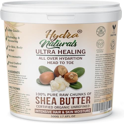 Hydra Naturals Unrefined Shea Butter 500g 100% Pure Raw Organic Cold Pressed Natural Moisturiser for Hair Smooth Skin Face & Body DIY Beauty Dry Scalp Anti-Aging Care