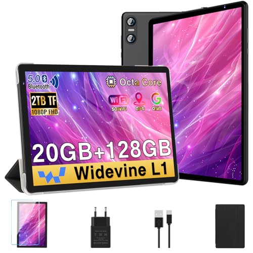 BIEGEDY Tablet 10 Pulgadas Android, 20GB RAM + 128GB ROM (TF 1TB), Octa Core, Widevine L1,GMS/Dual Band WiFi 6/5 MP + 8 MP / 1280 * 800 Pixels/Bluetooth 5.0, Tablet con Funda Negro