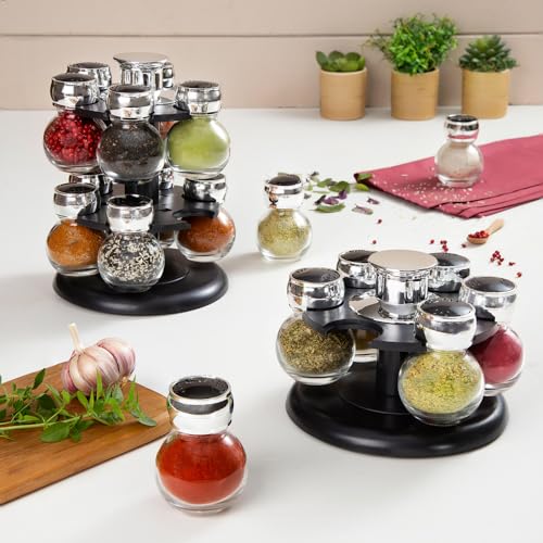 Conjunto 6 Porta Tempero de Vidro com Tampa Plástico e base Giratória Poli Preta 17cm x 11cm - Wolff