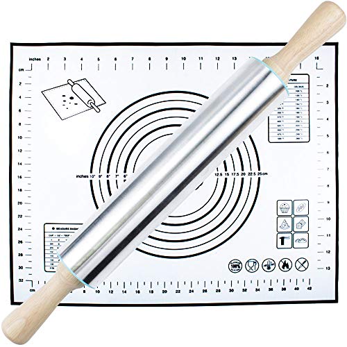 Rolling Pin and Silicone Pastry Mat Set,Stainless Steel Rolling Pin for Baking Dough,Fondant,Dumpling,Pizza,Pie,Pastries,Pasta