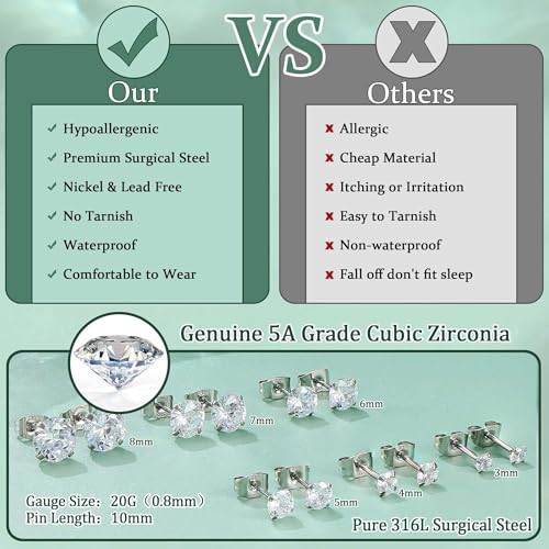 Jstyle 5A Cubic Zirconia Stud Earrings for Women Men, Hypoallergenic 316L Surgical Steel Earrings CZ Earrings Studs Silver Gold Black Cartilage Earring Sets for Multiple Piercing Studs3
