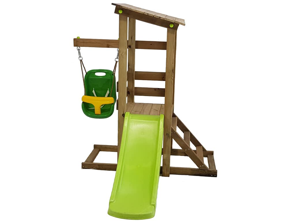 | MASGAMES | Mi Primer Parque Infantil KILAUEA | Columpio con Silla de bebé | Casita de Madera elevada con tobogán | para niños de 1 a 4 años | Madera tratada para el Exterior |