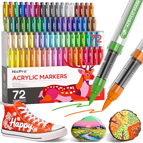 Image of Nicpro 72 Colors Acrylic Paint Markers Brush Tip, Water-Based No-Bleed | Paint Markers with Automatic Ink Control, Waterproof Acrylic Paint Pens for DIY Art & Crafts-Eggs, Rock, Wood, Glass, Fabric
