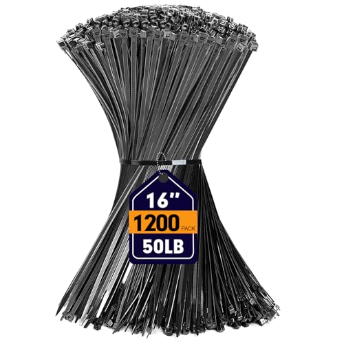 Zip Ties RAZCC 1200pcs Black Cable Zip Ties 16 Inch Heavy Duty Plastic Wire Ties with 50lb Tensile Strength Self-Locking Black Nylon Tie Wraps for Indoor and Outdoor