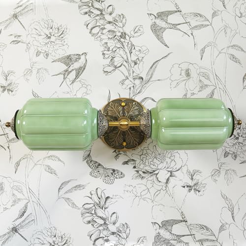 Vintage Milk Glass Bathroom Vanity Light - 2-Light Wall Sconce with Brass Finish Base & Green Glass...