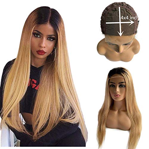 Ombre Lace Wig T1B/27 Human Hair Wig Ombre Color Preplucked Grade 10A Wet And Wavy Brazilian Virgin Hair 4X4 Free Part Two Tone Black To Honey Blonde Silky Straight Short Wig For Women 12 Inch