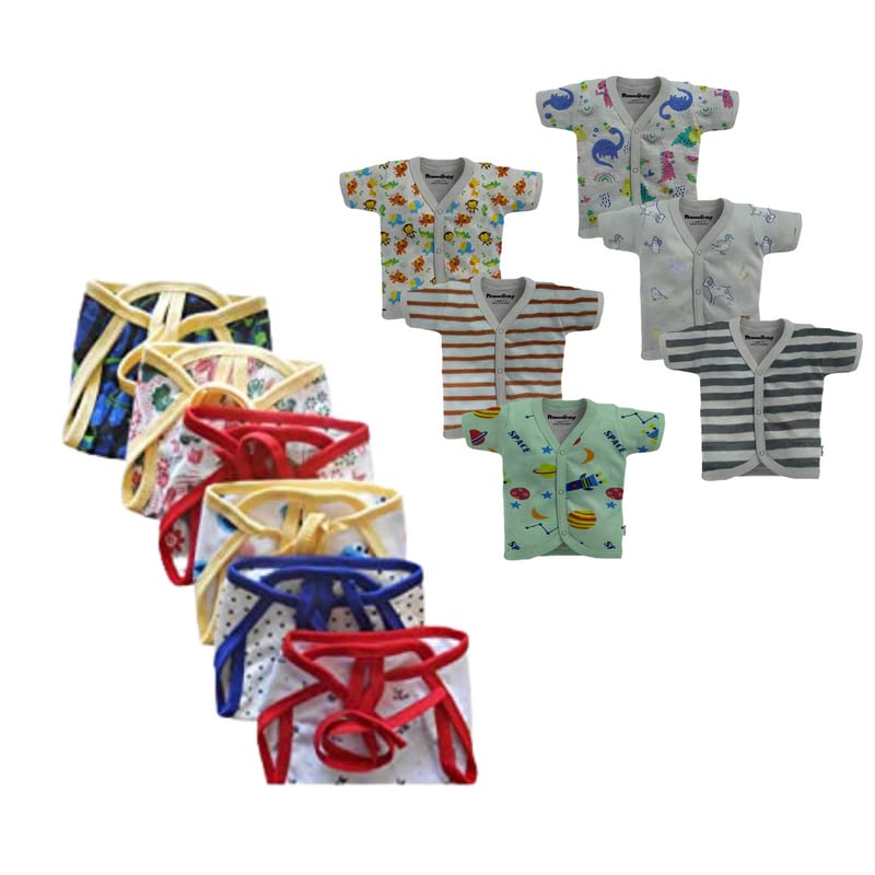 Tinchuk Baby's Summer Wear Cotton Front Open Half Sleeves Printed Vest T-Shirt and Double Layer Nappy Combo Set of 6 (Yellow, 0-3 Months, 12 Pieces) Assorted Prints 2
