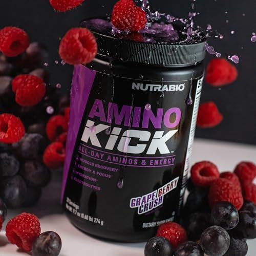 Image of NutraBio Amino Kick - BCAA Powder with Natural Caffeine - Amino Acids Supplement for Energy, Hydration & Recovery - BCAAs, Electrolytes & Amino Acids - Grape Berry Crush, 30 Servings