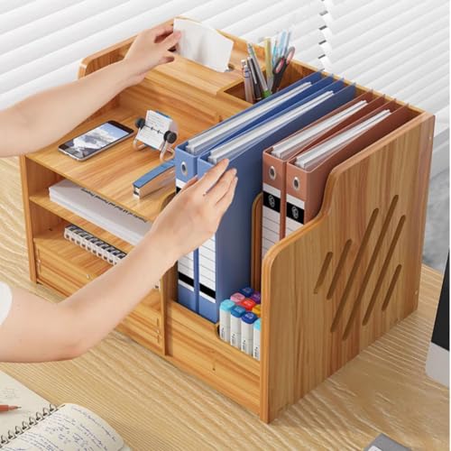 Schreibtisch-Organizer aus Holz mit Schublade – A4-Papiersortierer und Zeitschriftensammler, Zubehör Aufbewahrungsbox, Dokumentenständer,