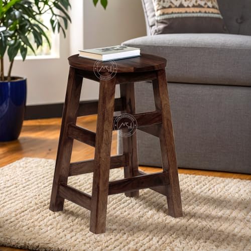 Image of NSH Solid Sheesham Wood Round Top Liva Multipurpose Stool | Pre-Assembled, Ideal Stool for Home, Kitchen, Living Room, Bars and Any Outdoor & Indoor Use | Teak Finish, 1 Wooden Stool