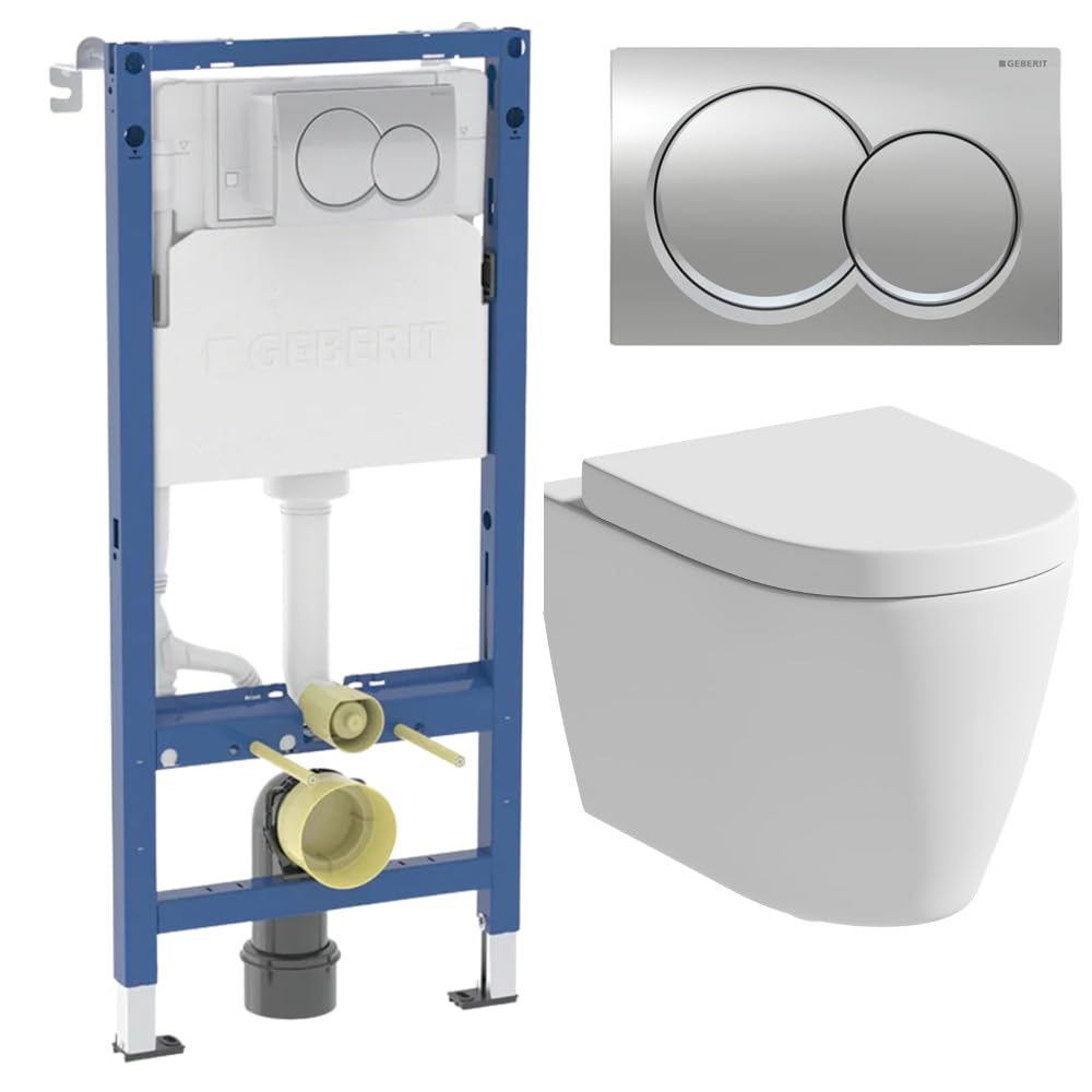 Affine® Bordeaux Rimless Wall Hung Toilet Pan WC Dual Flush Soft Close Seat with Geberit Duofix 1120mm Concealed WC Cistern Frame and Chrome Alpha01 Round Flush Plate