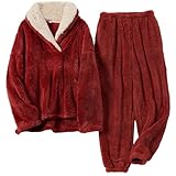 Yanhalo Womens Pyjamas Warm Fleece Pyjamas Set Winter Soft Ladies 2 Piece Nightwear Loungewear Set Longsleeve Top and Thermal Bottoms Pjs Sleepwear with Pocket Red