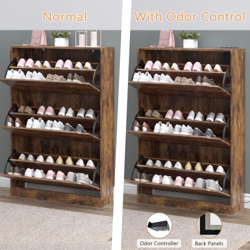 Image of BORNOON Shoe Cabinet with Odor Control and Back Panels, Deodorizing Slim 3-Flip Shoe Storage Cabinet for Entryway, Freestanding Hidden Shoe Rack Organizer for Entrance, Hallway, Bedroom