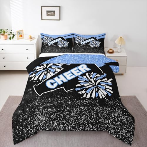 Image of Feelyou Glitter Cheer Comforter Set Toddler Size Blue Dreamy Girly Gymnastic Sports Comforter for Kids Boys Girls Gymnastics Lovers Bedding Set Cheer Sports Glitter Duvet Set Room Decor Quilt