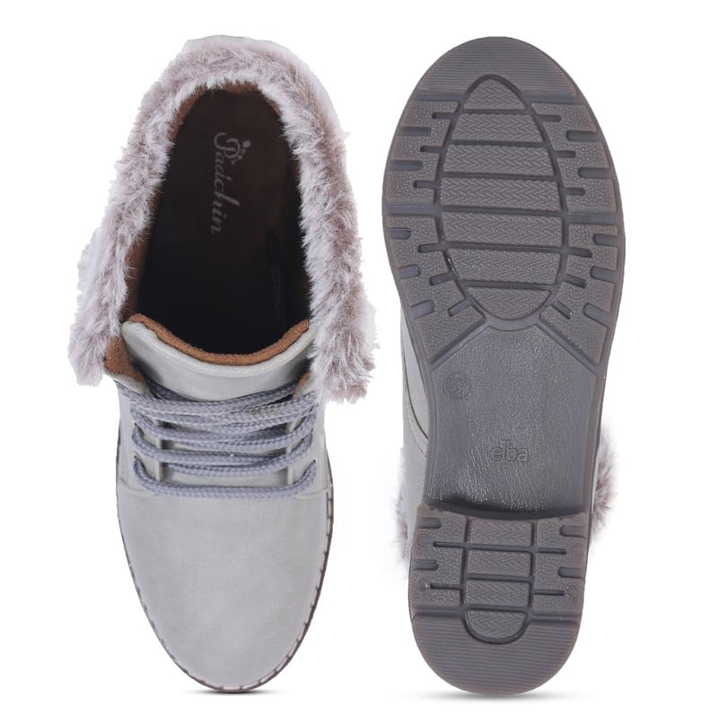 Padchin Women Block Heeled Fur Accent Grey Boots 3