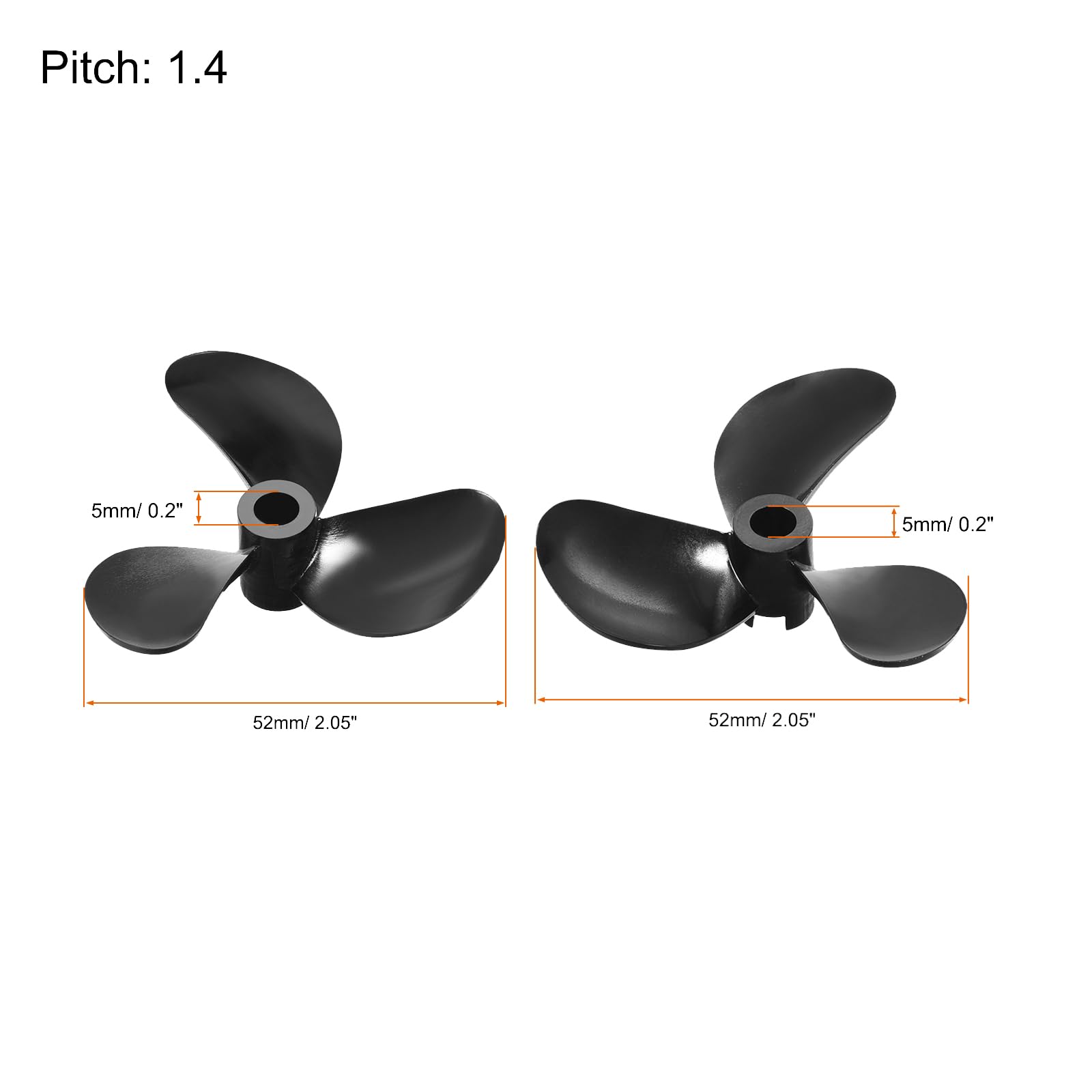 MECCANIXITY 2pcs RC Boat Propeller 5mm Shaft 3 Vanes 52mm 1.4 P CW and 2pcs 5mm Shaft 3 Vanes 52mm 1.4 P CCW Fan Shape Plastic Rotating Propeller Props