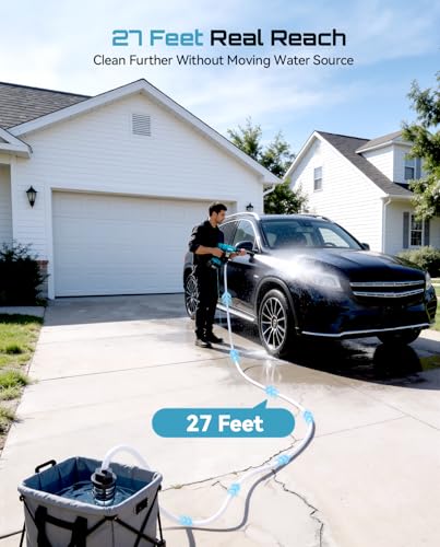Image of SEESII Cordless Portable Washer, Electric Power Washer with 4000mAh Battery, Lightweight Washer Gun with 6-in-1 Nozzle & 27FT Hose, Handheld Power Cleaner for Car, Driveway, Garden, Patio & Fence