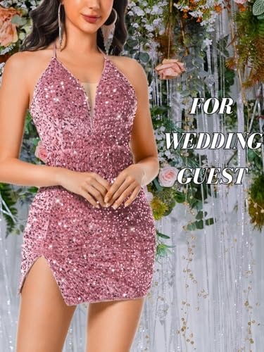 Image of ShawGobow Sexy Sequin Dress for Women,Sparkly Glitter Velvet Mini Prom Dresses,Plunge Backless Club Outfit Cocktail Party
