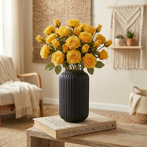 Image of PUREZENTO Black Ribbed Texture Ceramic Vase - 6 Inch | Vases for Centerpiece Home Decor, Living Room & Bedroom | Vase for Pampas Grass, Dried & Artificial Flowers