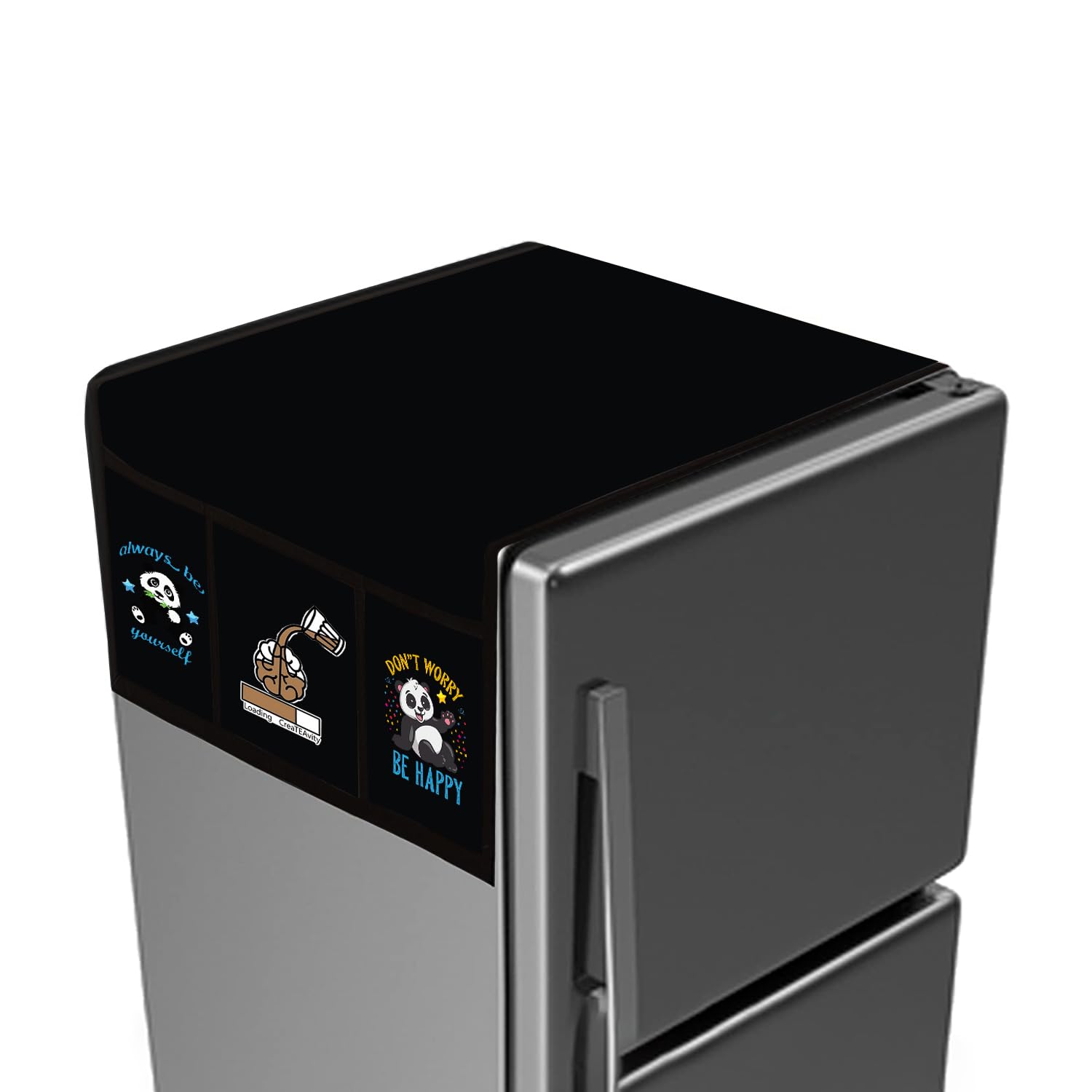 Hizing Anti Dust & Stain Free Waterproof Fridge Top Cover with 6 Utility Pockets Good for Top Double Door Solid Dont Worry/Createavity/Be Yourself Print (Black)